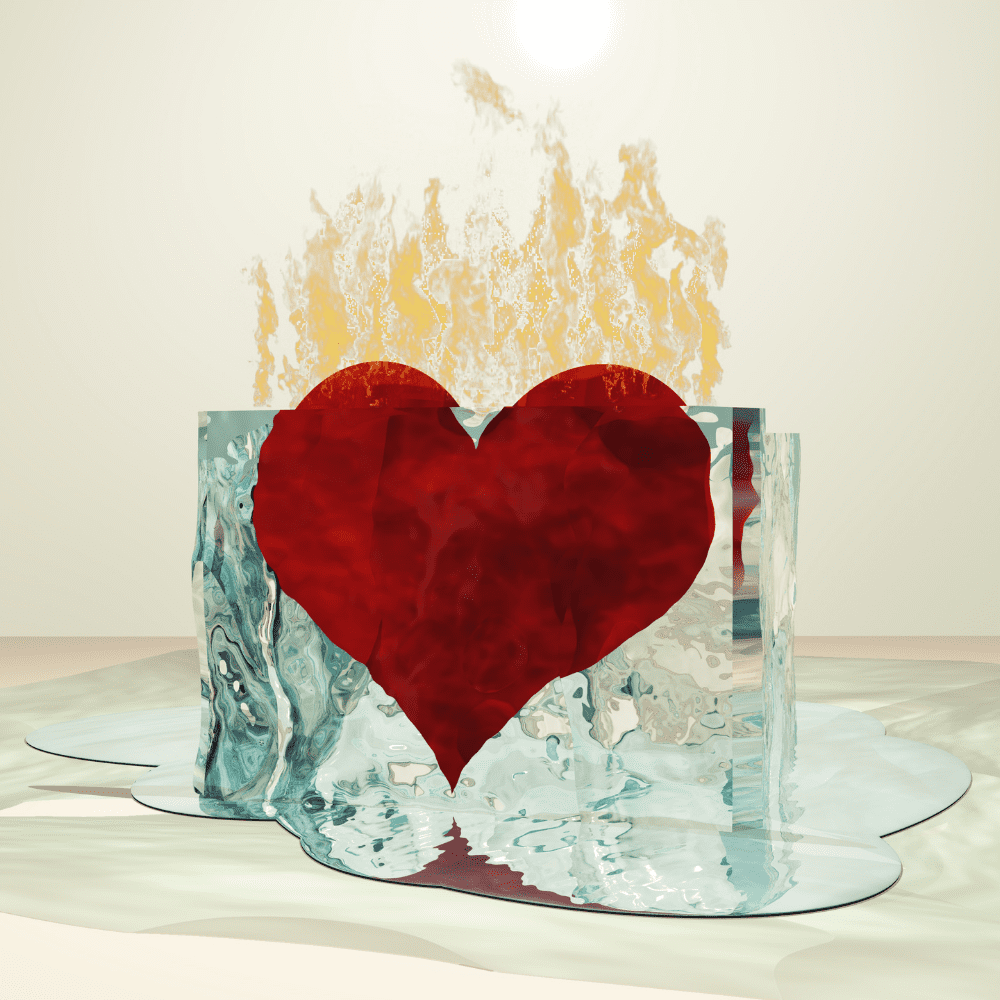 artistic drawing of a red heart on fire with melting ice behind it